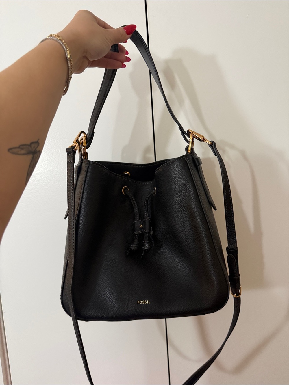 Fossil Black Leather Drawstring Bucket Shoulder Bag with Gold Hardware